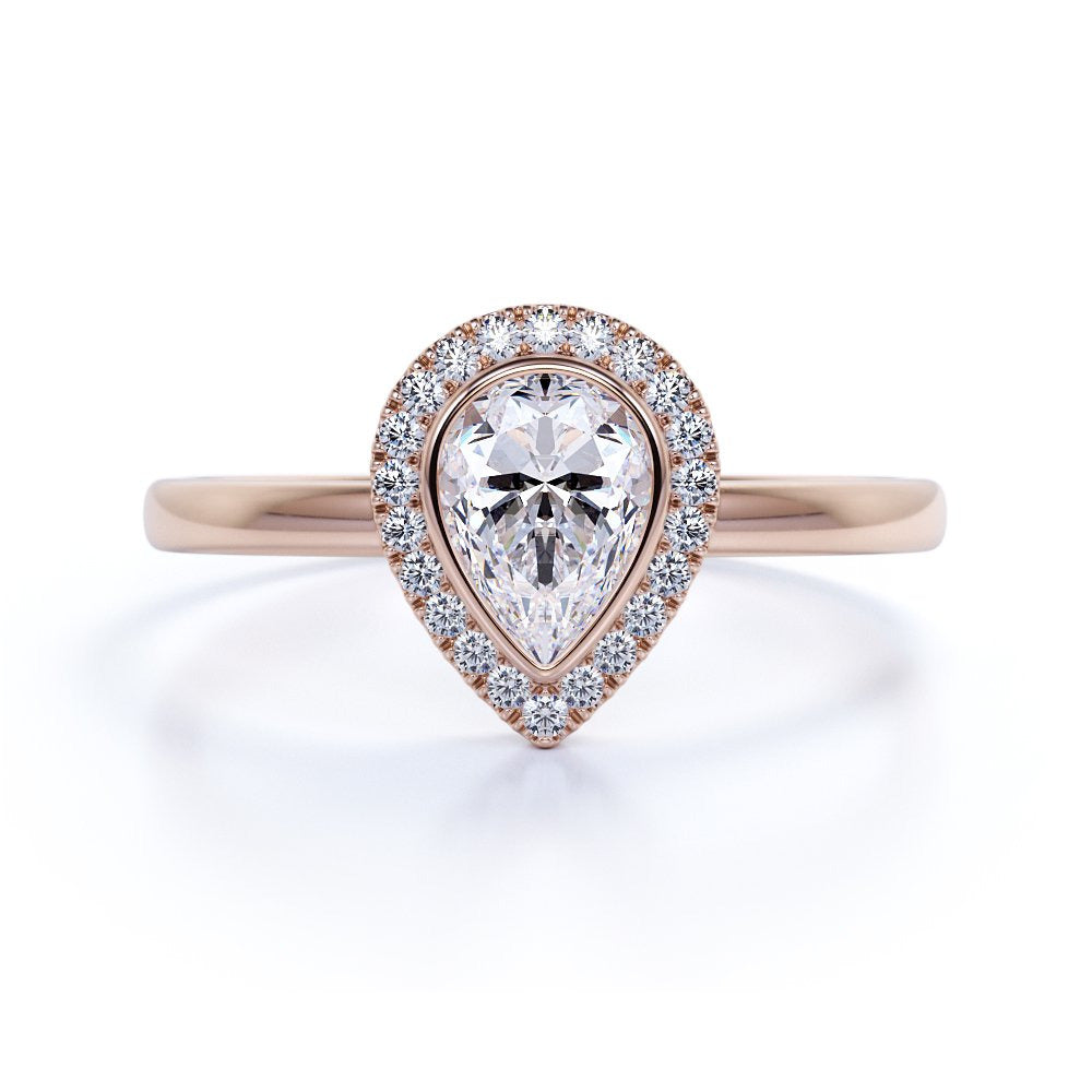 Bezel Set Halo Pear Shaped Diamond Solitaire Wedding Ring in 10K Rose Gold