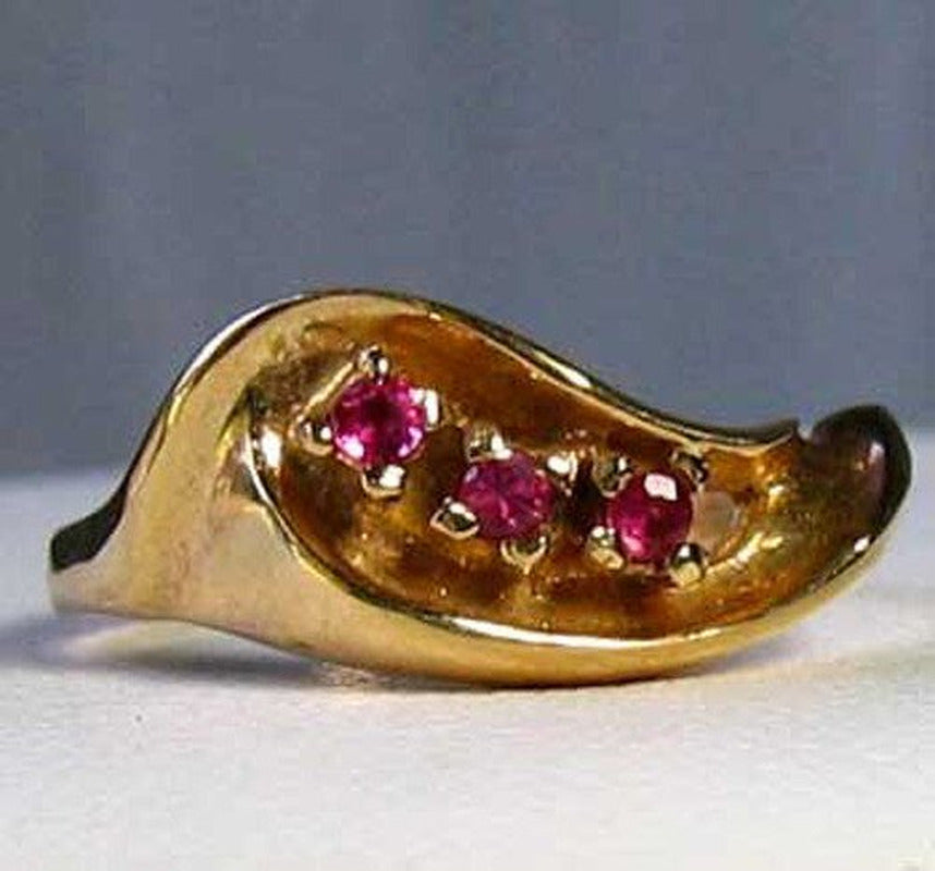 Three Stone Natural Red Ruby in Solid 14K Yellow Gold Ring | Size 6 |