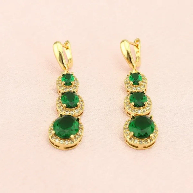 Flawless Long Gold Color Women Jewelry Sets Green Emerald Drop Earrings Necklace