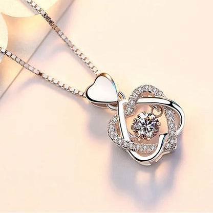 Fashion Romantic Double Heart Diamond Heartbeat Necklace Sapphire Flower Pendant
