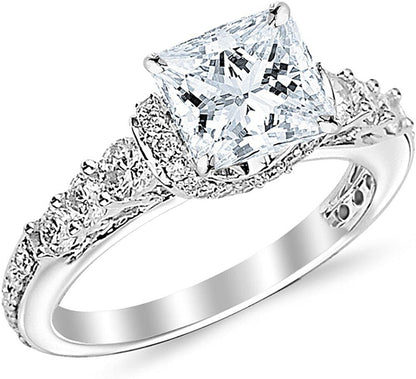 1.35 Carat Princess Cut Designer Four Prong round Diamond Engagement Ring (D-F C