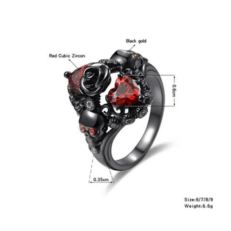 Rose Skull Ring Heart-Shaped Red Zircon Punk Ring Fashion Jewelry