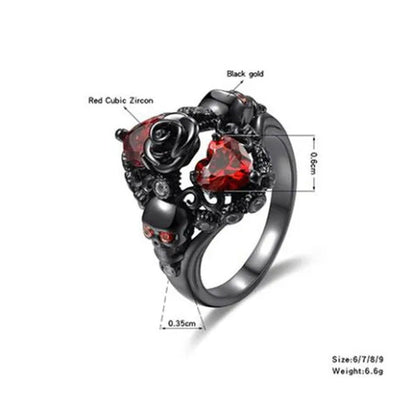Rose Skull Ring Heart-Shaped Red Zircon Punk Ring Fashion Jewelry