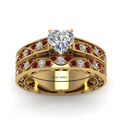 Sz 6-9 Cocktail Ring Champagne Gold Heart Zircon Ruby Women'S Wedding Ring Engag