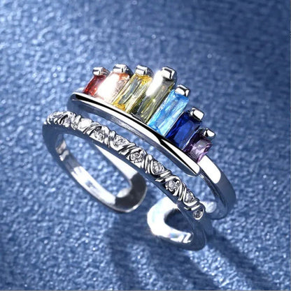 New Micro-Inlaid Zircon Rainbow Crown Ring Female Fashion Opening Adjustable Ind