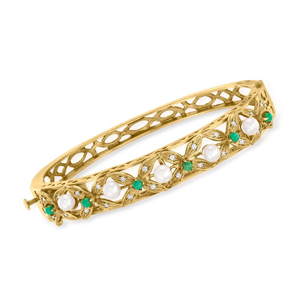 C. 1970 Vintage 4Mm Cultured Pearl and 3Mm Aventurine Flower Bangle Bracelet wit