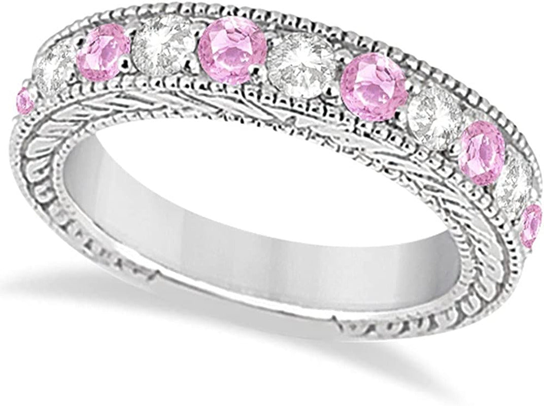 Women'S Antique Diamond and Pink Sapphire Bridal Ring Set in Palladium (3.87Ct)