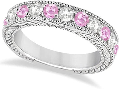 Women'S Antique Diamond and Pink Sapphire Bridal Ring Set in Palladium (3.87Ct)