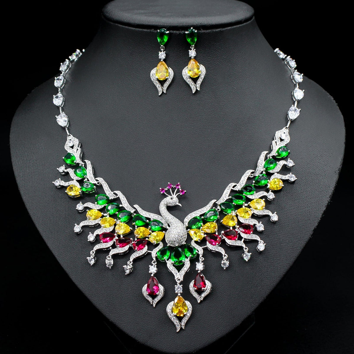 Ethnic Style Zircon Peacock Earring Set Tassel Colorful Clavicle Necklace Jewelr