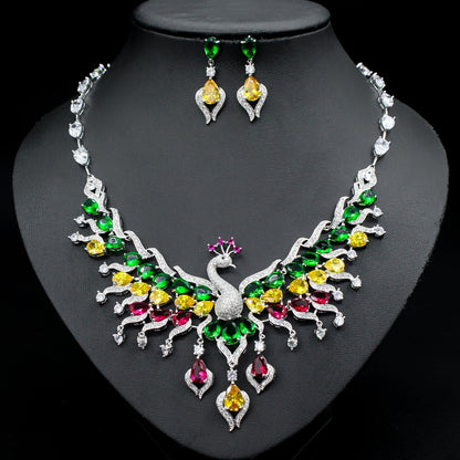 Ethnic Style Zircon Peacock Earring Set Tassel Colorful Clavicle Necklace Jewelr