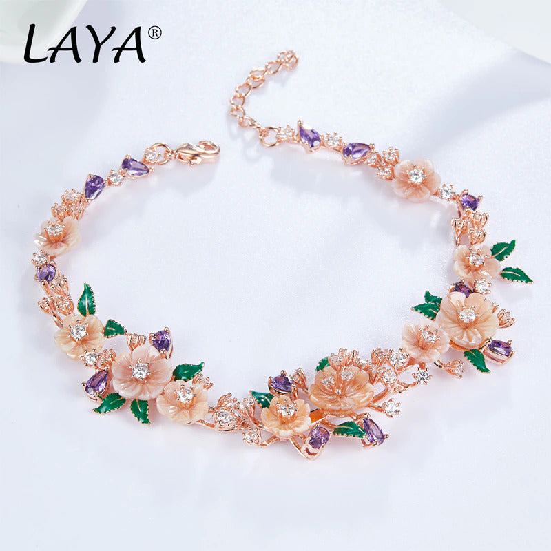 LAYA 925 Sterling Silver Fashion Natural Shell Flower Green Leaf Enamel High