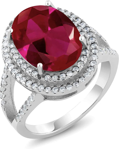 925 Sterling Silver Red Created Ruby Women'S Cocktail Engagement Ring (7.19 Cara