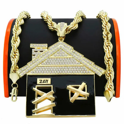 Hip Hop Luxury Diamond Jewelry Mens 14K Gold Plated Huge Trap House Pendant / 10