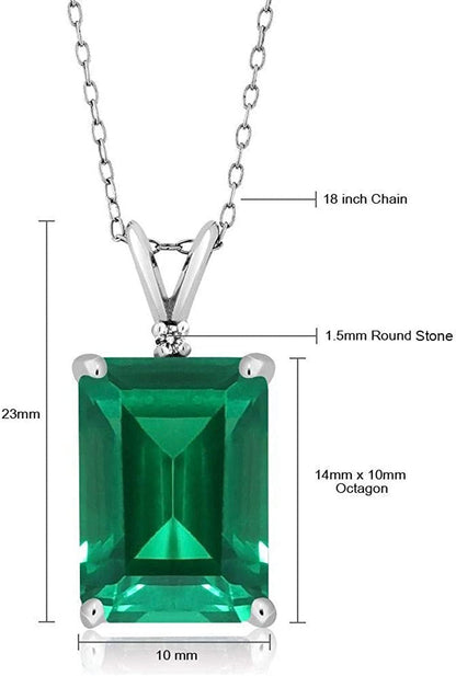 925 Sterling Silver Green Simulated Emerald and White Diamond Pendant Necklace f
