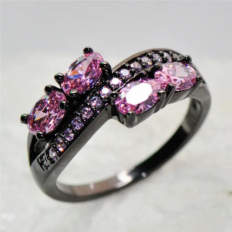 Princess Oval Pink Sapphire Black Gold Double Ring Luxurious Jewelry for Mulher