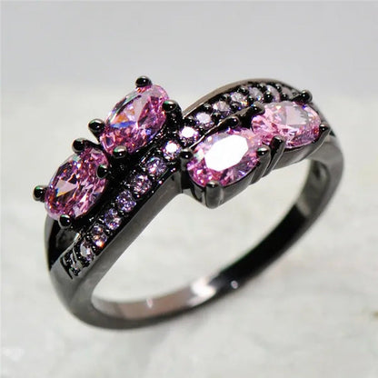 Princess Oval Pink Sapphire Black Gold Double Ring Luxurious Jewelry for Mulher
