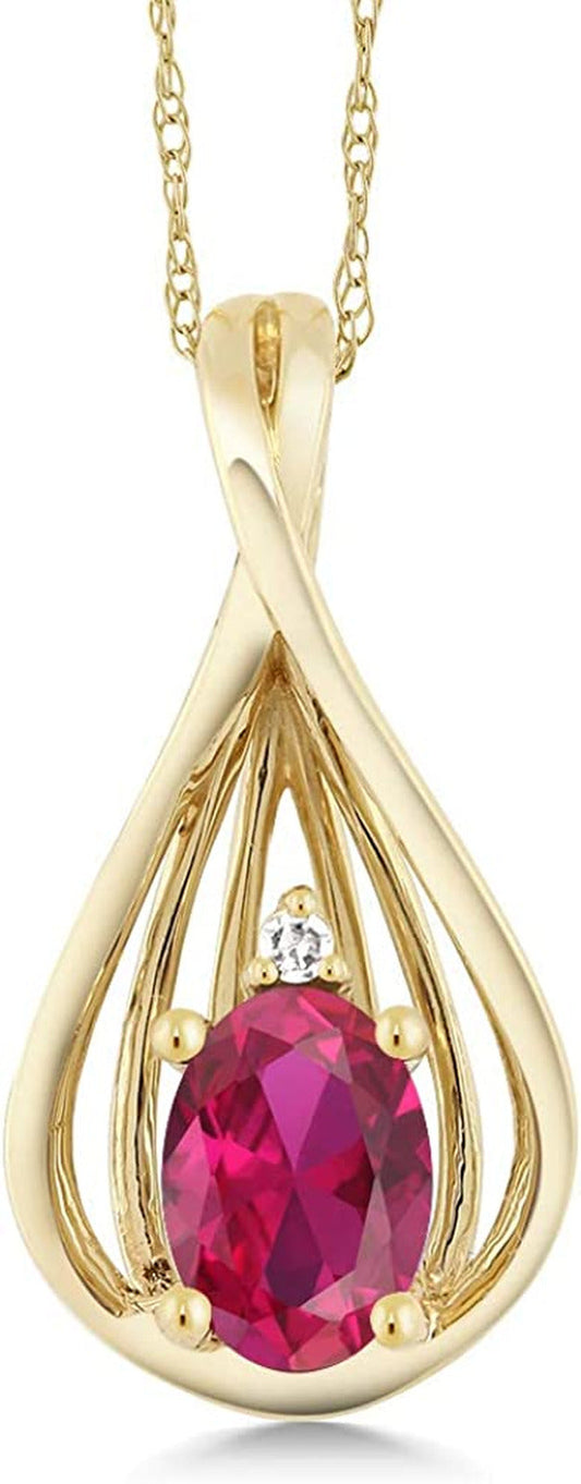 10K Yellow Gold Red Created Ruby and Diamond Teardrop Pendant Necklace for Women