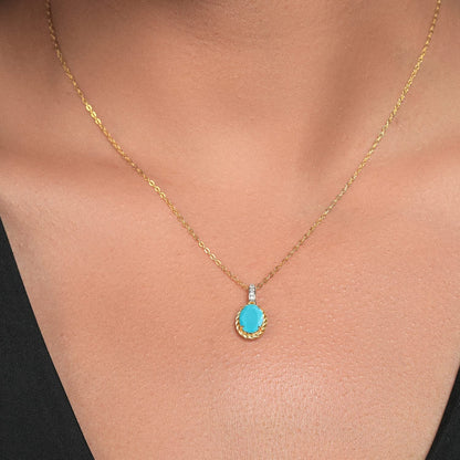 1.54 Ct Oval Green Turquoise White Diamond 10K Yellow Gold Pendant with Chain