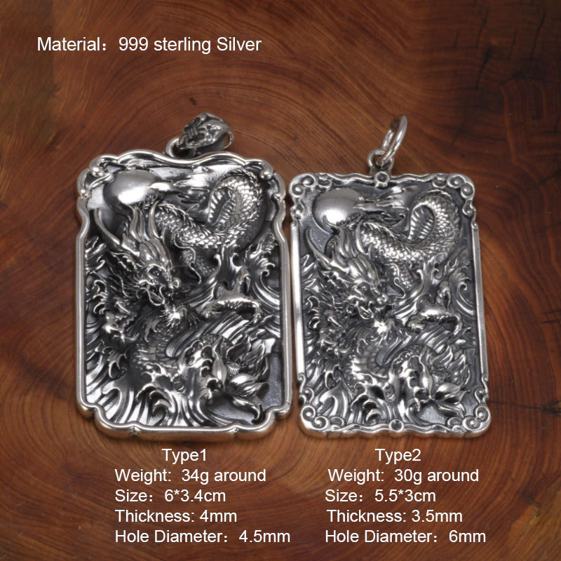 Sterling Silver 990 Vintage Auspicious Clouds Square Pendant for Men Carved