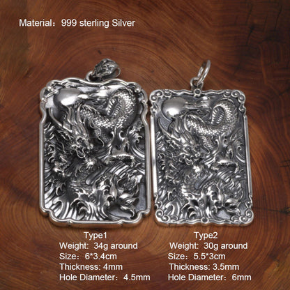 Sterling Silver 990 Vintage Auspicious Clouds Square Pendant for Men Carved