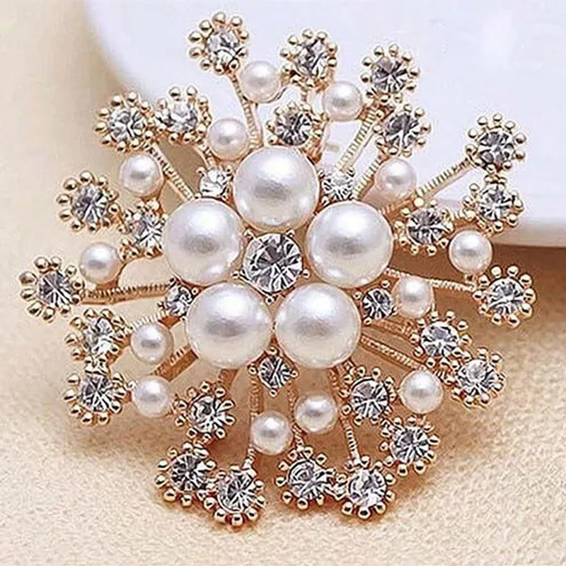 Fashion Women Big Brooches Lady Snowflake Imitation Pearls Rhinestones