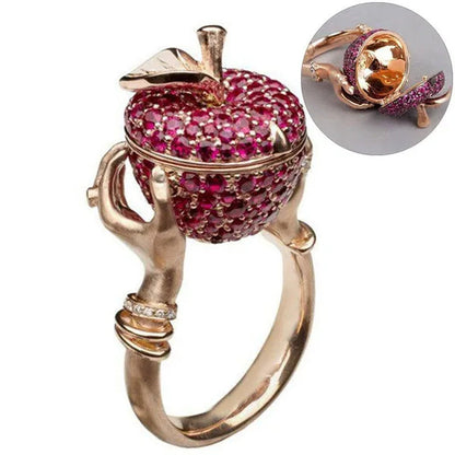 Luxury Crystal Apple Wedding Ring Unisex Punk Hip Hop Secret Compartment Rings f