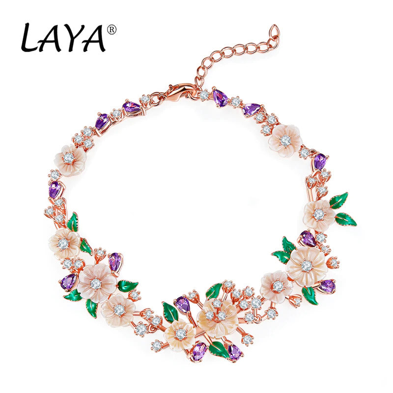 LAYA 925 Sterling Silver Fashion Natural Shell Flower Green Leaf Enamel High
