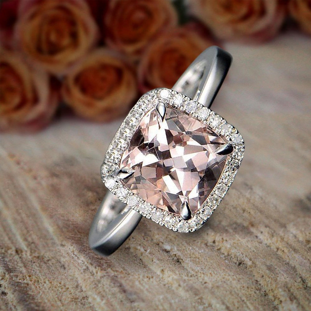 1.25 Carat Cushion Cut Peach Pink Morganite and Diamond Moissanite Halo Engageme