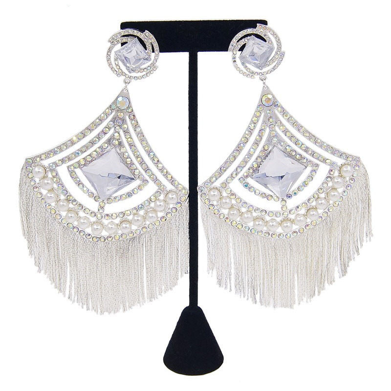 24K Gold-Plated Luxury Diamond Pearl Tassel Long Earrings Fashion Personality Ex