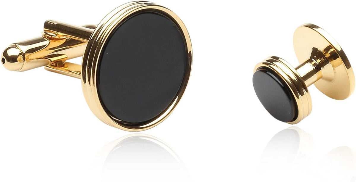 Black Onyx and Gold Tone Cufflinks and Studs with Presentation Box Unique Men Cu