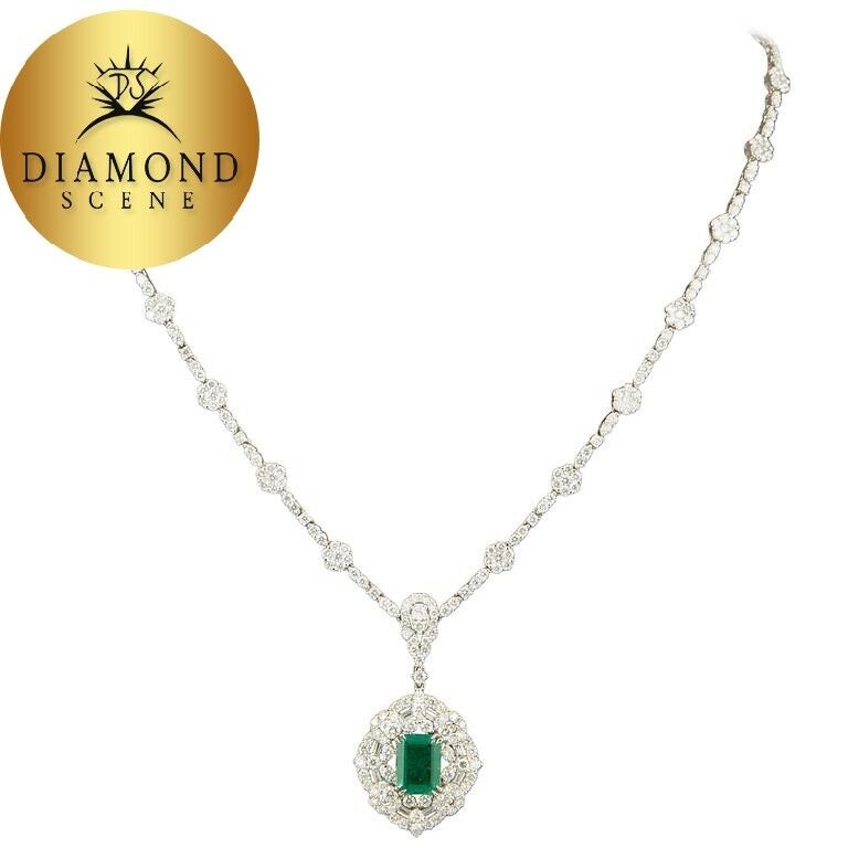 Green Emerald Diamond White Gold Pendant Necklace