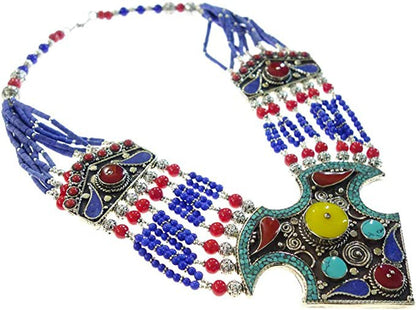 Tibetan Multi Strand Lapis Lazuli Amber Coral Beads Handmade Ethnic Tribal Gypsy