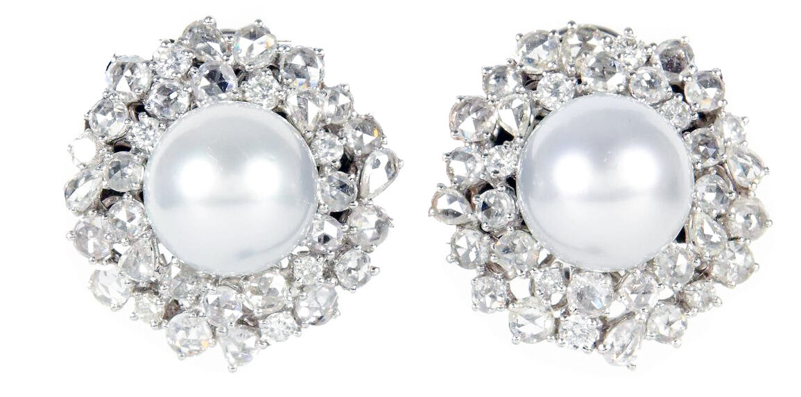 PEARL EARRING TWO PIECE 12 MM EACH WITH DIAMOND ROUND BR AND ROSE SHAPE 18K W/G