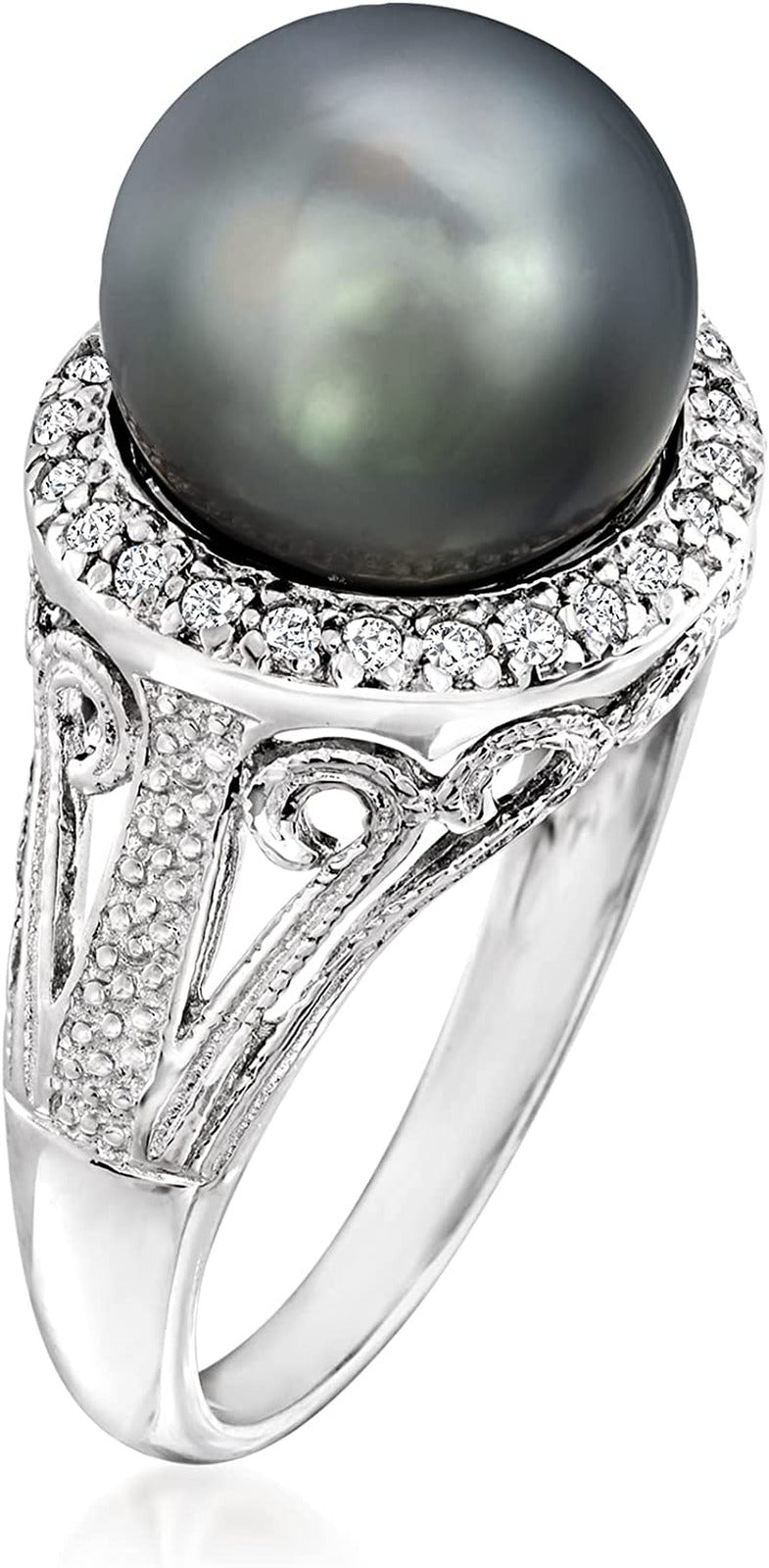 11-12Mm Black Cultured Tahitian Pearl Ring with .20 Ct. T.W. White Topaz in Ster
