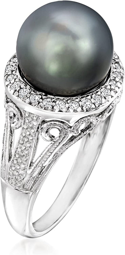 11-12Mm Black Cultured Tahitian Pearl Ring with .20 Ct. T.W. White Topaz in Ster