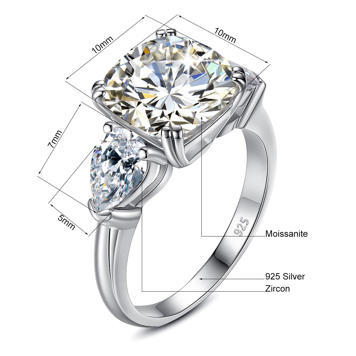 Massive 5 Carat Cushion Moissanite Ring Woman D Color Sterling Silver 925