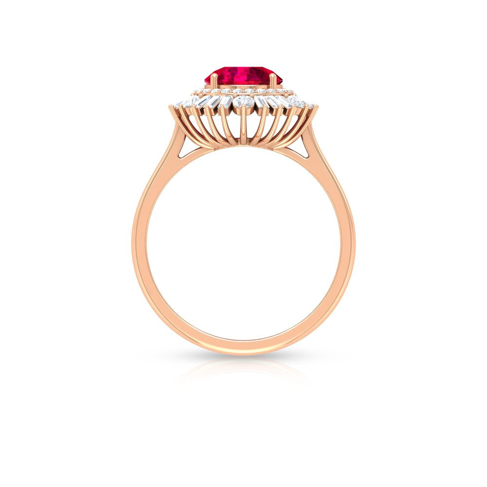 Lab Created Ruby and Moissanite Double Halo Cocktail Engagement Ring, Rose Gold,