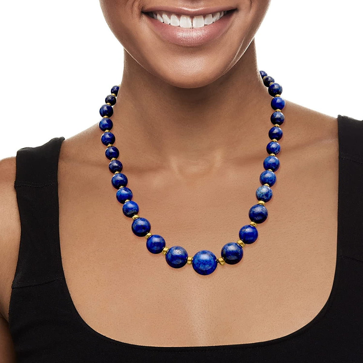 6-18Mm Graduated Blue Lapis Bead Necklace with 14Kt Yellow Gold