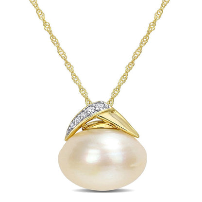 12-12.5Mm South Sea Cultured Freshwater Pearl and Diamond Accent 14Kt Yellow Gol