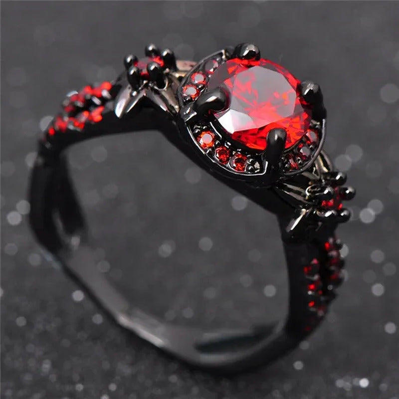Exquisite Flower Shiny Red Garnet Ring Fashion Jewelry Vintage Black Gold Filled