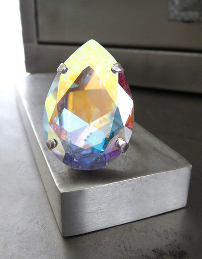 Large Shimmering Teardrop AB Crystal Cocktail Ring, Adjustable Band