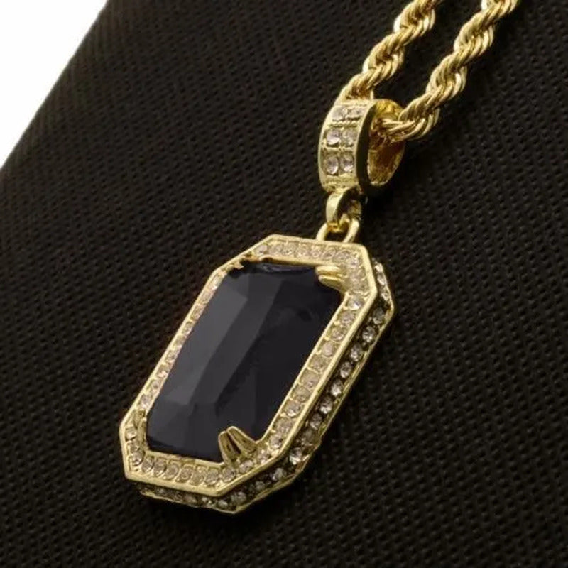 Mens Hip Hop 14K Gold Plated Simulated Black Ruby Pendant 24" 4Mm Rope Chain