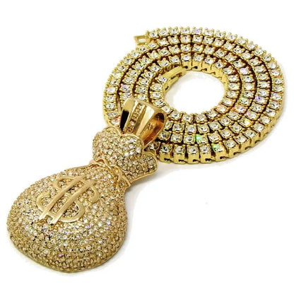 Mens 14K Gold Plated Hip-Hop Large Money Bag Pendant 24" 1 Row Lab Diamond Chain