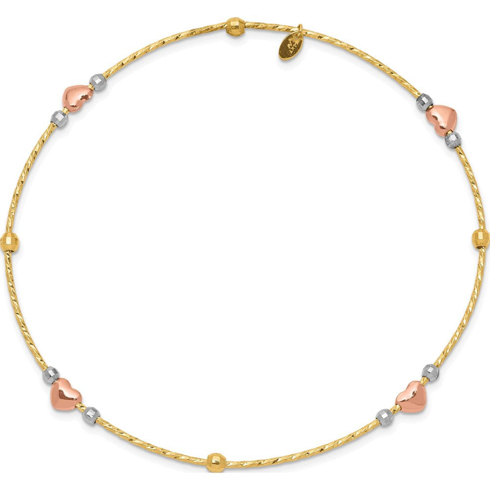 14K Tri-Color Heart Diamond-Cut Slip-On Bangle (8.25 X 1) Made in Indonesia Db67