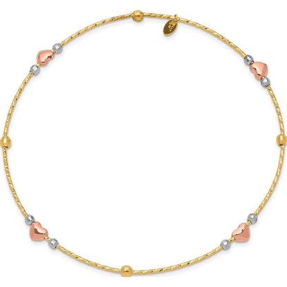 14K Tri-Color Heart Diamond-Cut Slip-On Bangle (8.25 X 1) Made in Indonesia Db67