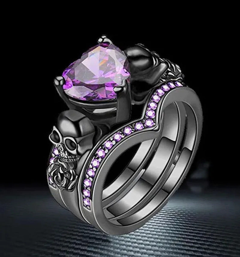 Gothic Skull Black Rings Set Women Rose Flower Red Purple Heart Love Zircon Crys