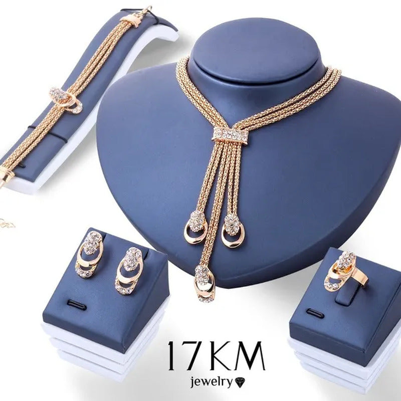 Classics Luxury Goldplated Crystal Necklace Earrings Bracelet Ring Set Rhineston