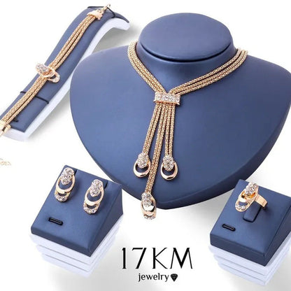 Classics Luxury Goldplated Crystal Necklace Earrings Bracelet Ring Set Rhineston