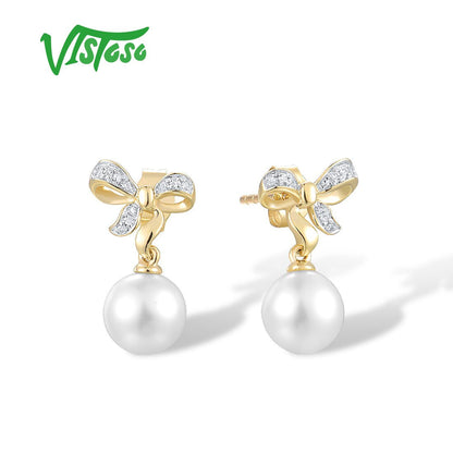 9K 375 Yellow Gold Earrings for Women Fresh Water White Pearl Diamond Earrings