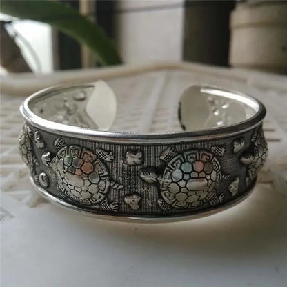 Fashion Tibet Silver Plated Carved Longevity Turtle Pattern Bracelet Party Gift